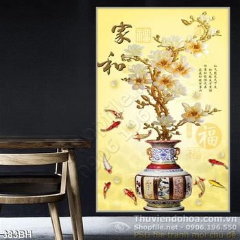 Tranh chậu hoa cổ và cá koi