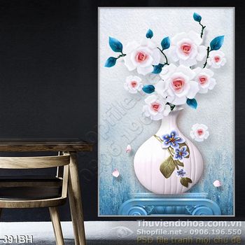 Tranh bình hoa gốm sứ màu trắng in uv
