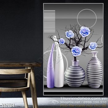 Tranh chậu hoa nghệ thuật  hoa màu xanh