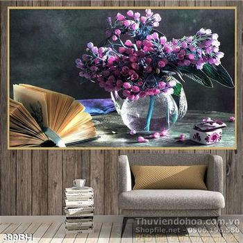Tranh bình hoa 3d sơn dầu và cuốn sách