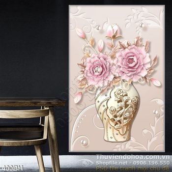 Tranh chậu hoa lụa 3d màu hồng 3d