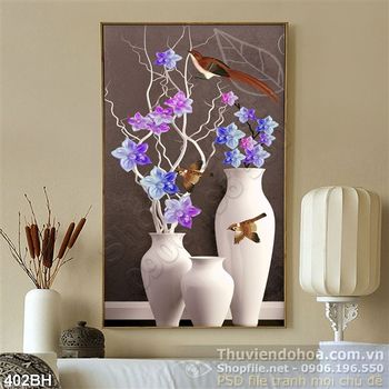 Tranh bình hoa nghệ thuật và con chim psd