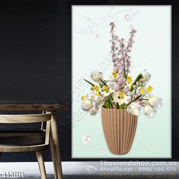 Tranh chậu hoa lan trắng nở rộ