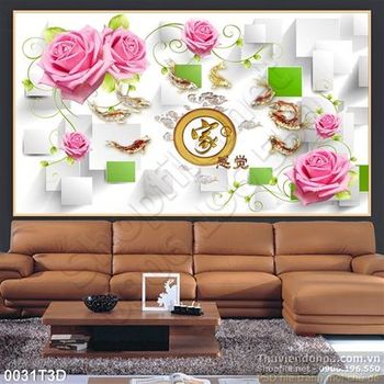 Tranh 3D hoa hồng và cá nền gạch