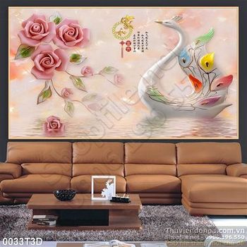 Tranh 3D thiên nga và hoa hồng