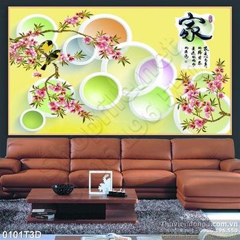 Tranh 3D hoa đào nền vàng
