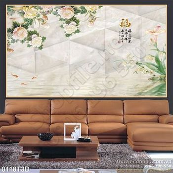 Tranh 3D hoa mẫu đơn và hoa lan