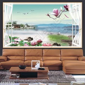 Tranh 3D cửa sổ và hồ sen