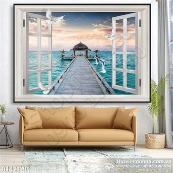 Tranh 3D cửa sổ và bờ biển