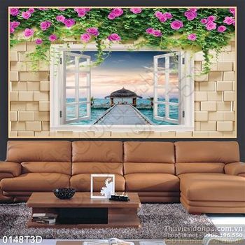Tranh 3D cửa sổ hoa hồng và biển