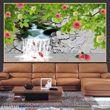 Tranh 3D thác nước và hoa