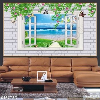Tranh 3D cửa sổ và biển trang  trí