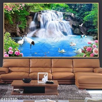 Tranh 3D thác nước và chim hạc