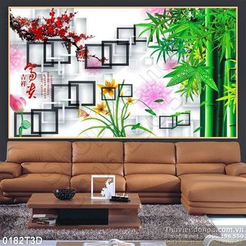 Tranh 3D trúc và hoa đào trang  trí