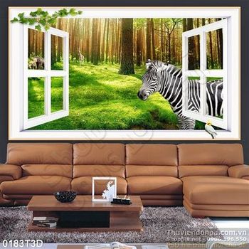 Tranh 3D cửa sổ và ngựa vằn