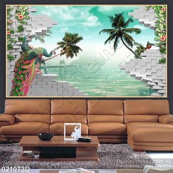 Tranh 3D chim công và biển trang trí