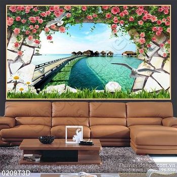 Tranh 3D hoa hồng và cảnh biển