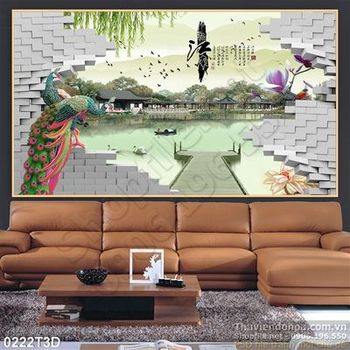 Tranh 3D chim công và sơn thủy