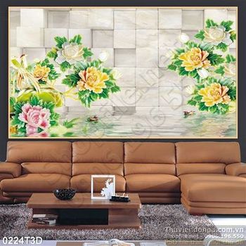 Tranh 3D hoa mẫu đơn treo tường phòng khách