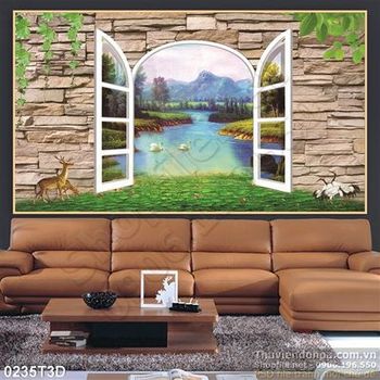 Tranh 3D cửa sổ và phong cảnh treo tường
