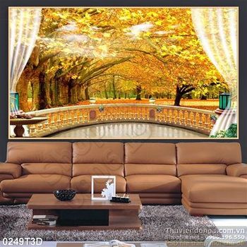 Tranh 3D cửa sổ và rừng phong treo tường