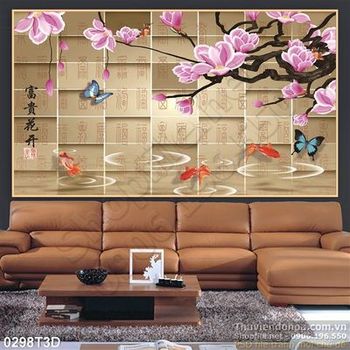Tranh 3D hoa đào và cá nền gạch trang trí
