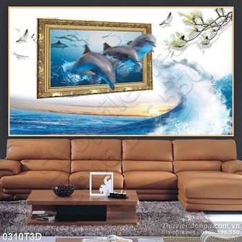 Tranh 3D biểnvà cá heo treo tường