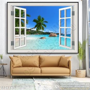 Tranh 3D cửa sổ và đảo xanh