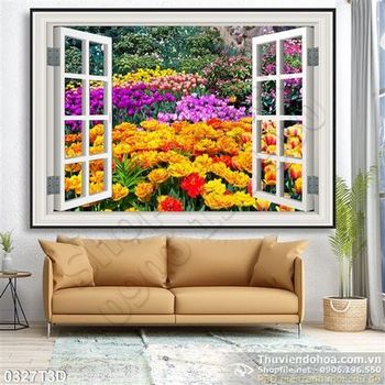 Tranh 3D cửa sổ và vườn hoa tulip