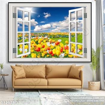 Tranh 3D cửa sổ và phong cảnh hoa treo tường