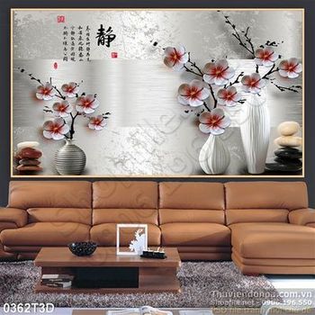 Tranh 3D hoa đào thư pháp