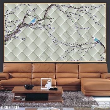 Tranh 3D hoa đào nền gạch