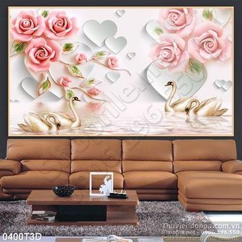 Tranh 3D hoa hồng và thiên nga