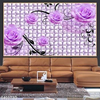 Tranh 3D hoa hồng tím nền gạch