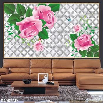 Tranh 3D hoa hồng nền gạch trang trí