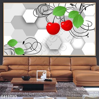 Tranh 3D quả anh đào nền gạch hiện đại
