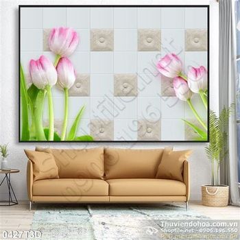 Tranh 3D hoa tulip nền gạch trang trí