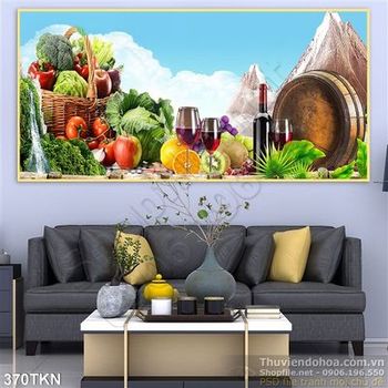 Tranh giỏ hoa quả và ly rượu vang