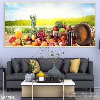 Tranh giỏ trái cây và cánh đồng hoa