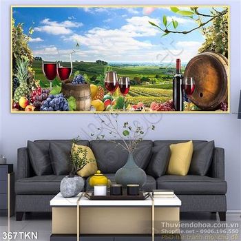 Tranh trái cây và ly rượu vang