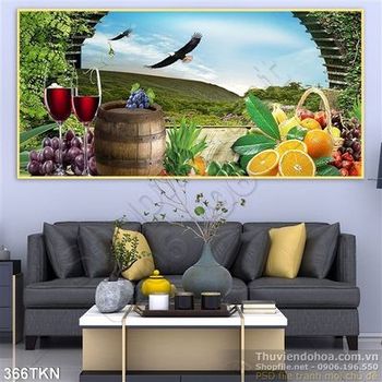 Tranh giỏ trái cây và chai rượu vang trang trí bếp