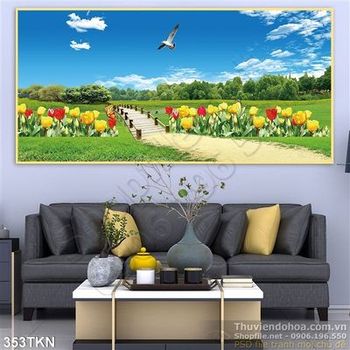 Tranh hoa tulip và cánh đồng