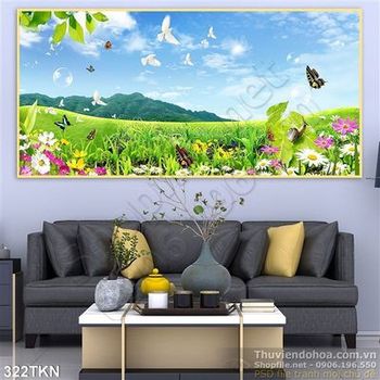 Tranh cánh đồng cỏ và núi