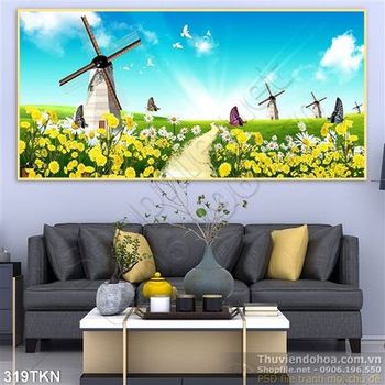 Tranh cối xay gió và hoa tulip đẹp