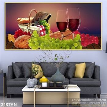 Tranh ly rượu vang và bánh mì in uv bếp đẹp