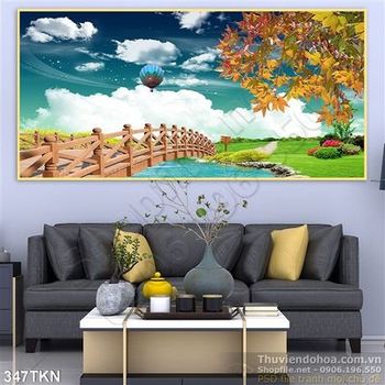 Tranh cây cầu và cây phong trang trí phòng khách