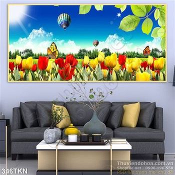 Tranh hoa tulip và khí cầu