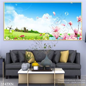 Tranh cối xay gió và hoa mộc lan đẹp