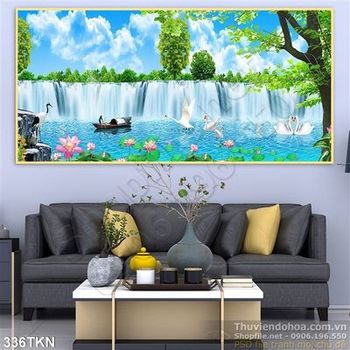 Tranh thác nước phong thủy và hoa sen