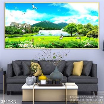 Tranh biệt thự và dòng sông đẹp